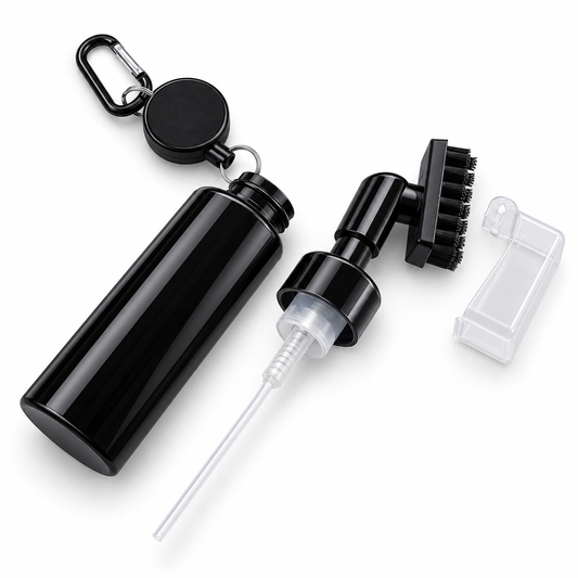 Black golf club cleaning brush components and spray bottle