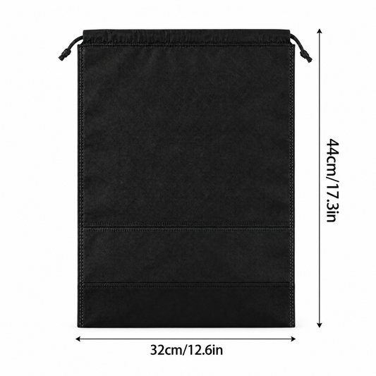 Black golf shoe bag size illustration, 44 cm high and 32 cm wide