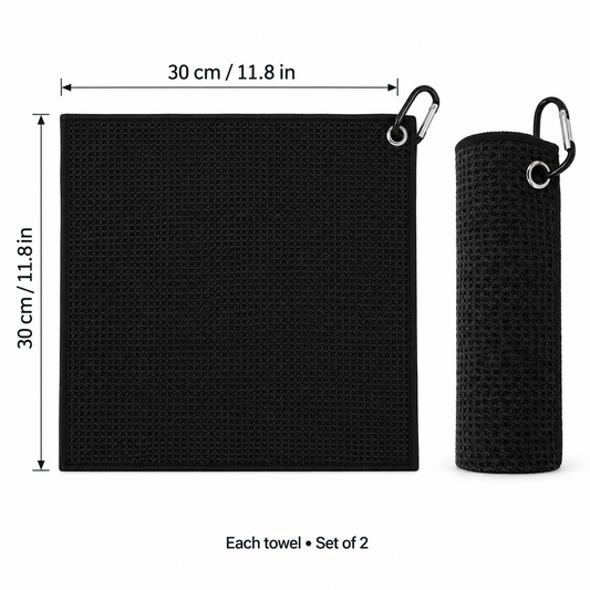 Each black golf towel measures 30 by 30 cm unfolded; two towels included