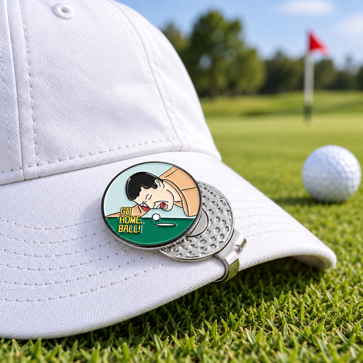 Ball Marker with Hat Clip on a golf course