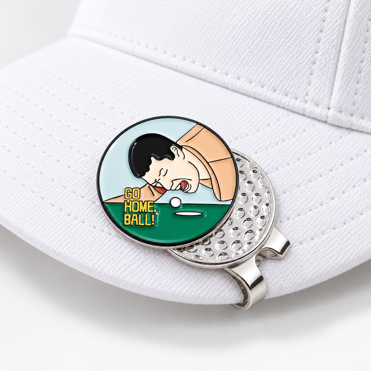 Ball Marker with Hat Clip on white golf hat