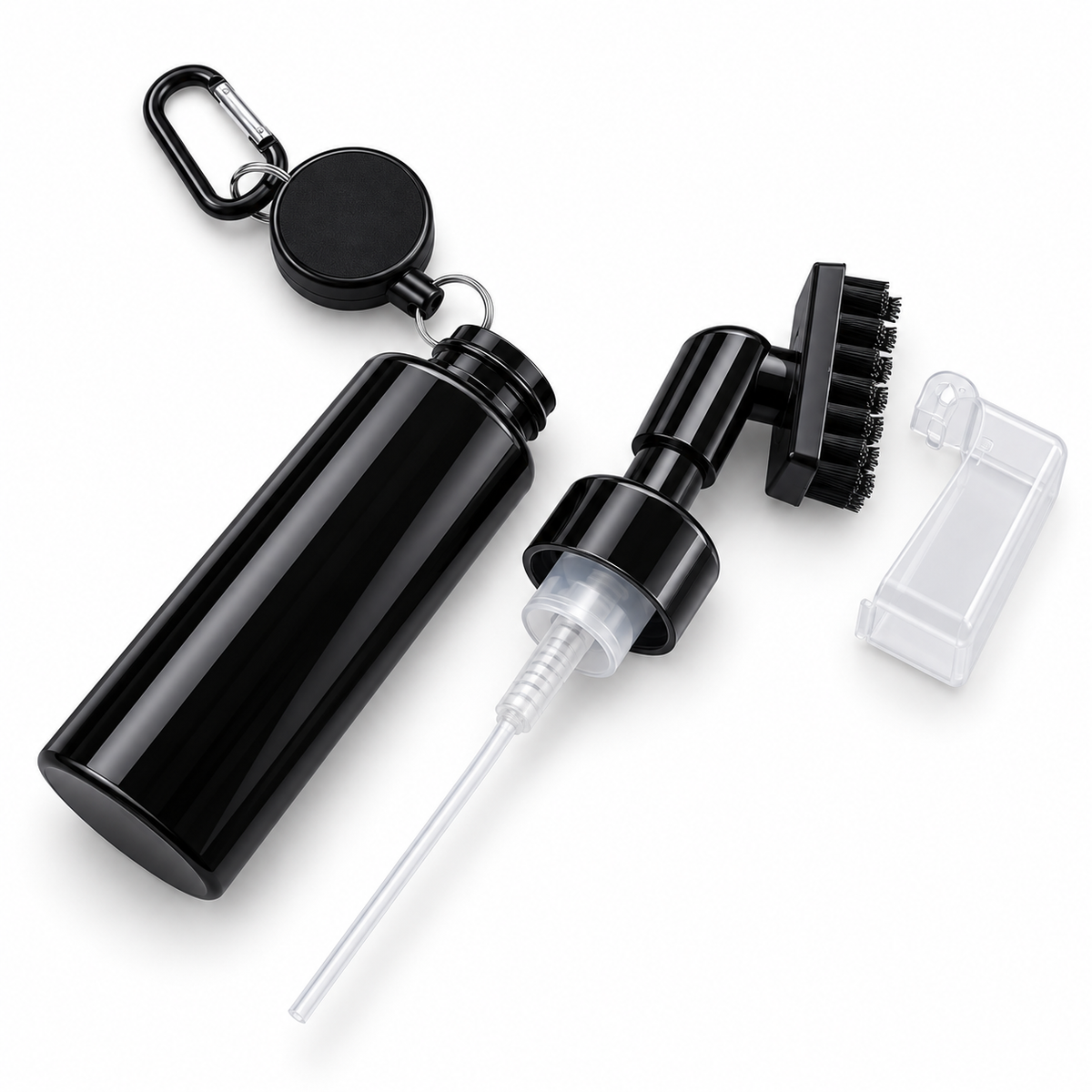 Black golf club cleaning brush components and spray bottle