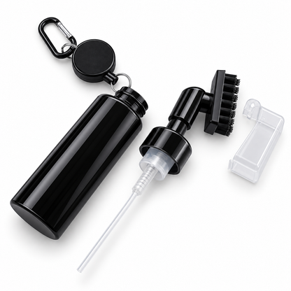 Black golf club cleaning brush components and spray bottle