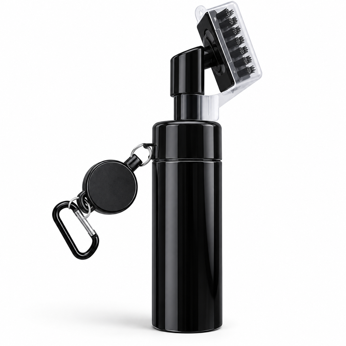 Black golf club cleaning brush with spray bottle and retractable clip