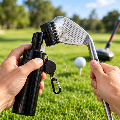 Black golf club cleaning brush in use on a golf course