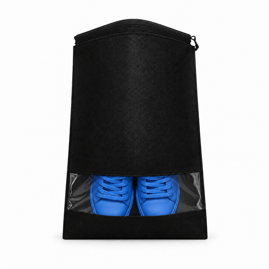 Black golf shoe bag shown with blue shoes; set includes two bags, shoes not included