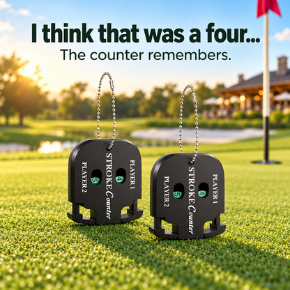 Two stroke counters on a golf green with a humorous scorekeeping caption