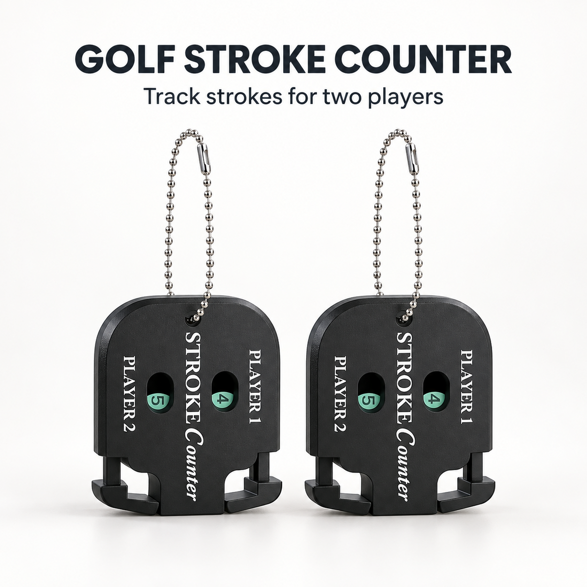 Two black golf stroke counters, each with number windows for Player 1 and Player 2