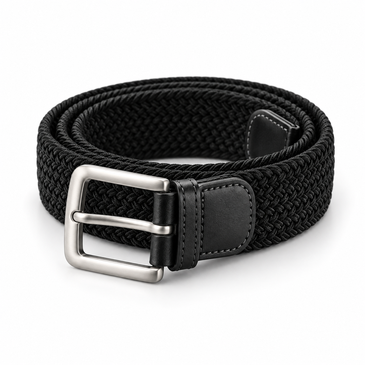 Black woven stretch golf belt coiled on a white background